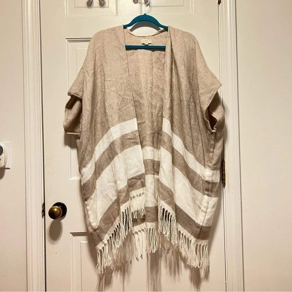 LOFT Women's Poncho Top Warm Neutral Color Stripe with Fringe One Size - Picture 1 of 4